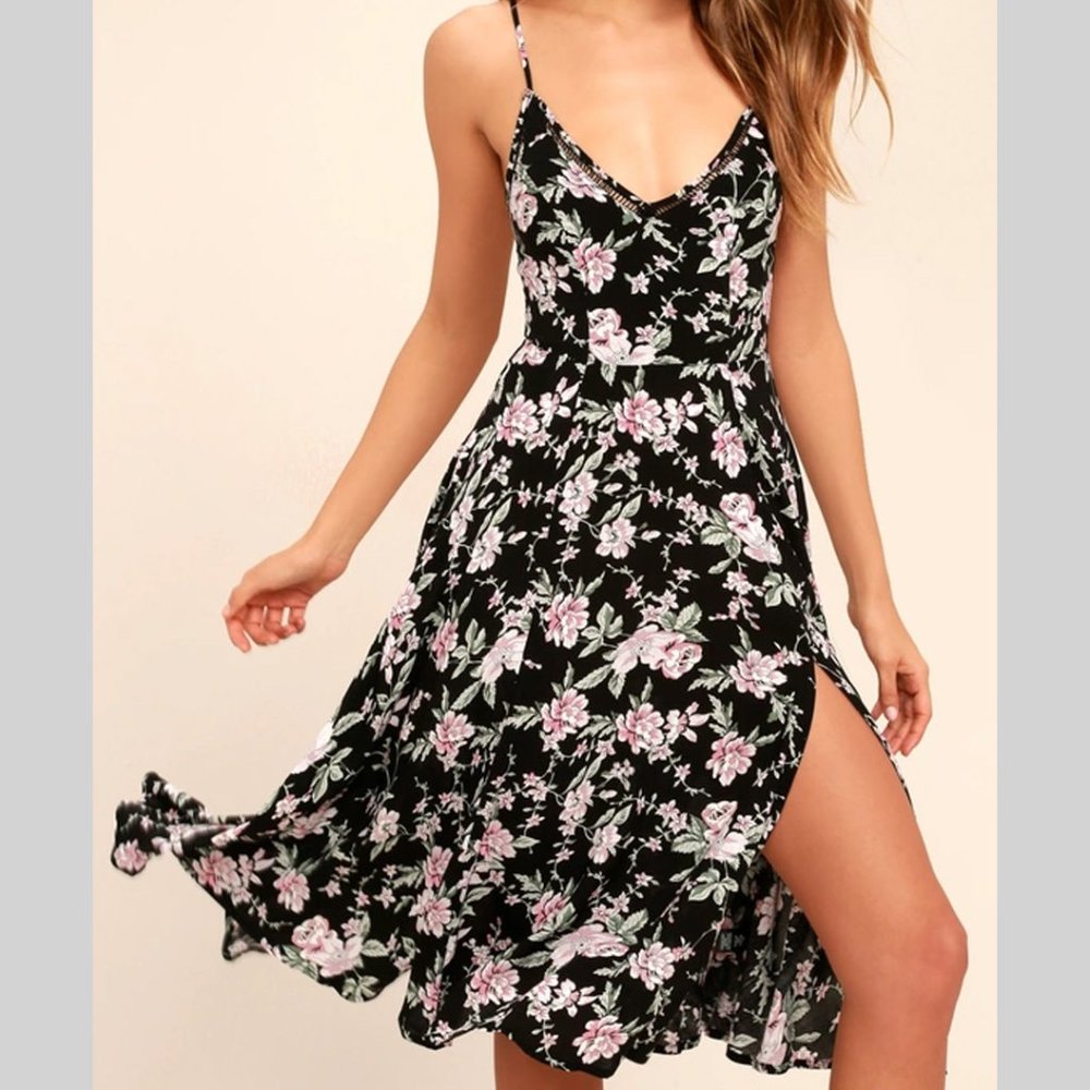 Lulus Esperanza Black Floral Print Midi Dress (XS)
